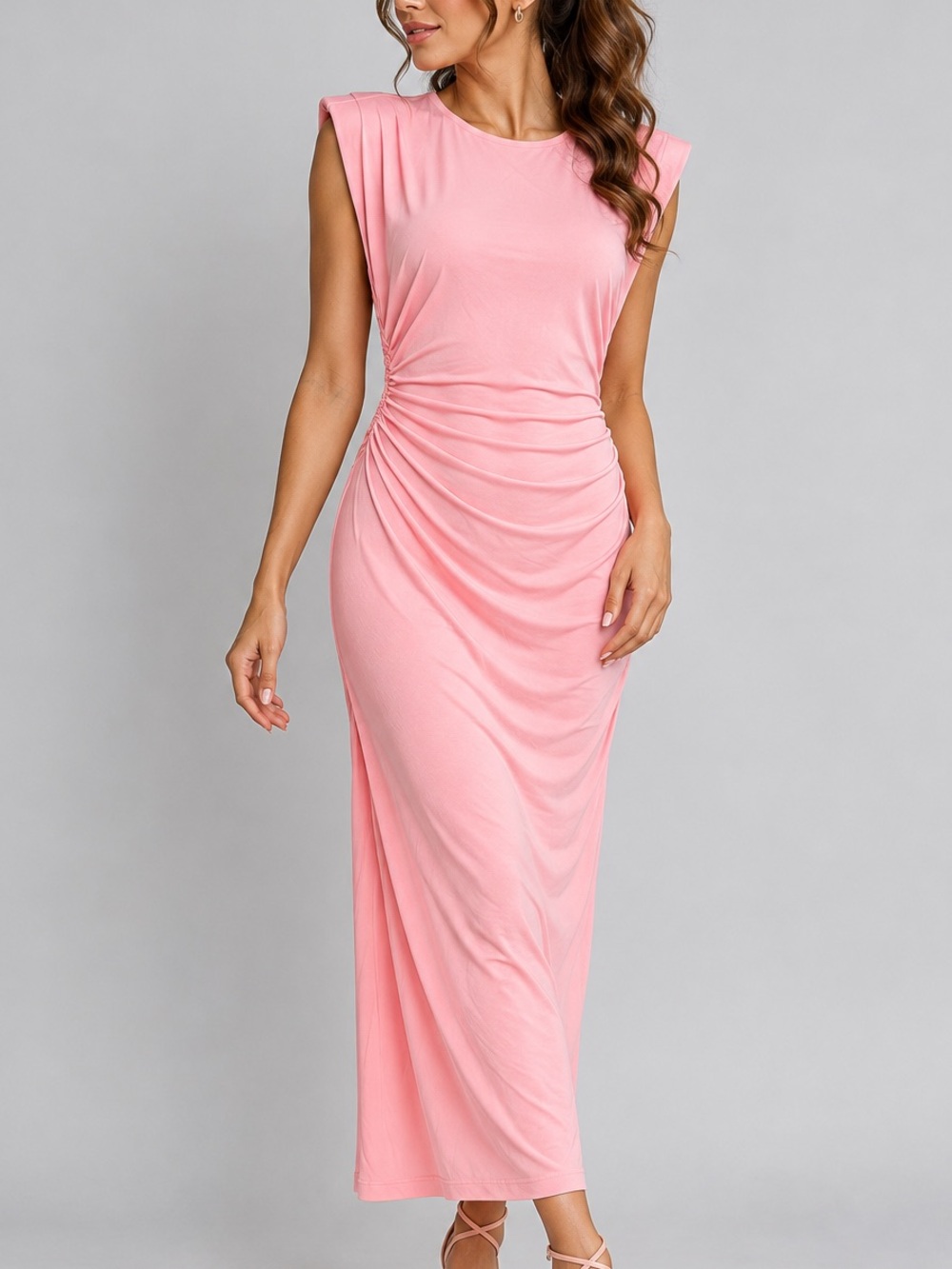 🆕🌸 Antonio Melani Tropical Pink Ruched Stretch Maxi Dress Size L Casual Office